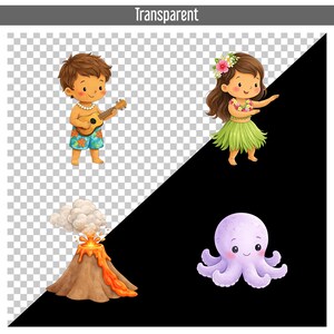 May include: A digital illustration featuring a boy playing a ukulele, a girl dancing in a grass skirt, a volcano erupting, and a purple octopus. The characters are in a cartoon style, with a transparent background.