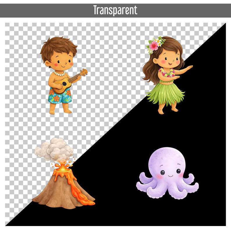 May include: A digital illustration featuring a boy playing a ukulele, a girl dancing in a grass skirt, a volcano erupting, and a purple octopus. The characters are in a cartoon style, with a transparent background.