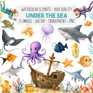 75 Clipart Sotto il Mare PNG Bundle, Animali Oceanici Acquerello & Sub, Creature Marine Carine, Barriera Corallina, Download Istantaneo
