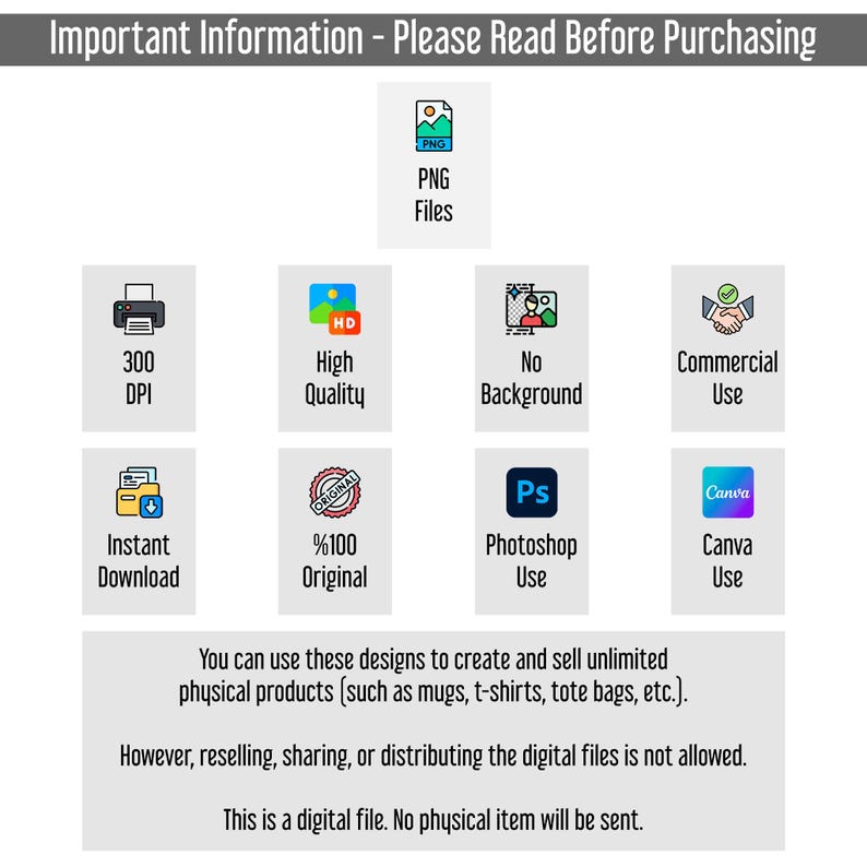 May include: An informational graphic with text and icons. The text reads "Important Information - Please Read Before Purchasing." Icons indicate PNG files, high quality, 300 DPI, instant download, and commercial use. The graphic also states that the designs can be used to create physical products.