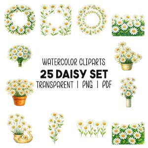 25 Cliparts PNG de Bordas de Margaridas em Aquarela – 25 Flores de Camomila Pintadas à Mão, Casamento, Planejador, Scrapbook, Cartões
