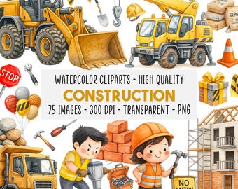 75 Construction Watercolor Clipart PNG Bundle, Construction Vehicles Tools Workers, Houses, Birthday Party, Commercial Use, Instant Download