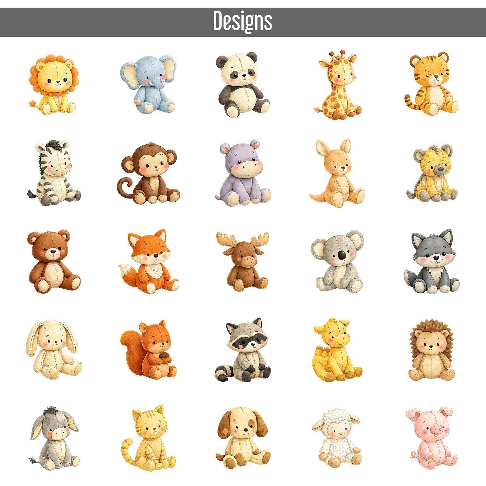 25 Vintage Stuffed Animals Clipart, Cute Plush Zoo Animals, Handcrafted ...