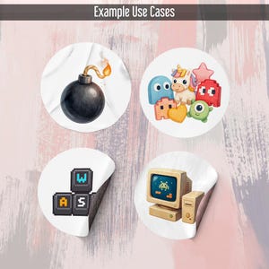 May include: Four circular stickers with a white border and a peel-off edge. The stickers feature illustrations of a bomb, video game characters, pixelated keyboard keys, and a retro computer. The text "Example Use Cases" is at the top.