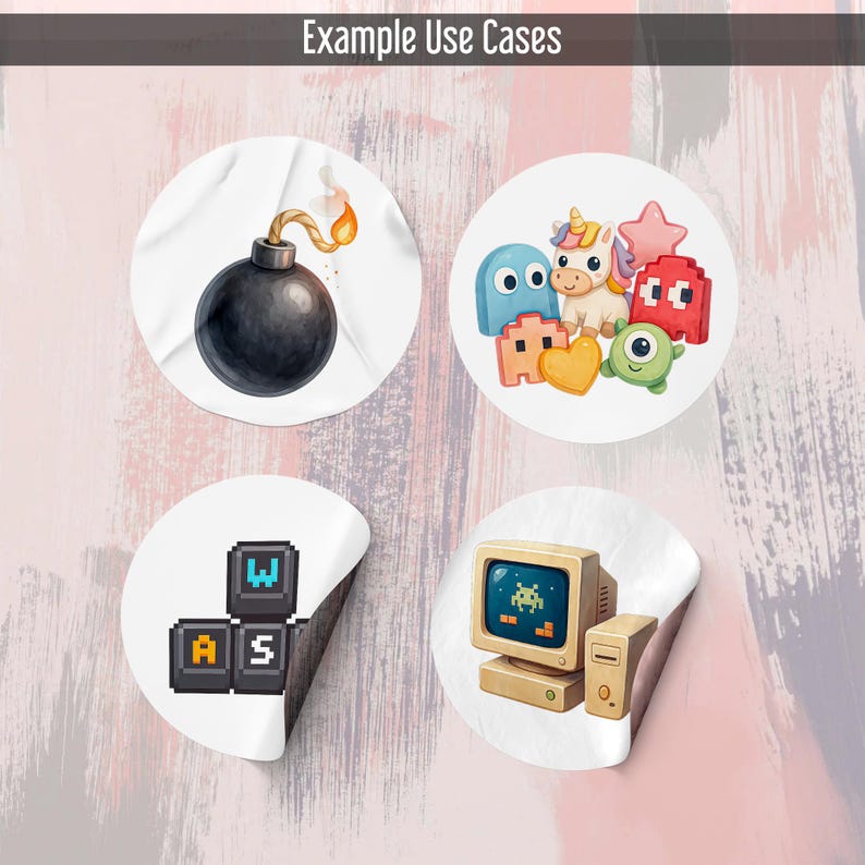May include: Four circular stickers with a white border and a peel-off edge. The stickers feature illustrations of a bomb, video game characters, pixelated keyboard keys, and a retro computer. The text "Example Use Cases" is at the top.