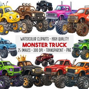 Peut inclure: Collection d'images clipart aquarelles de monster trucks colorés. Les camions sont de différentes couleurs, dont le jaune, le marron, le rose, le rouge, le vert et le noir. L'image comprend le texte "MONSTER TRUCK" et "25 IMAGES - 300 DPI - TRANSPARENT - PNG".