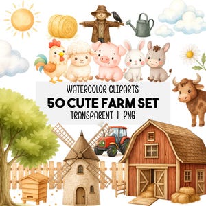 50 Farm Life Watercolor Clipart Pastel Bundle PNG Cute Farm Animals, Barnyard Tools, Truck, Barn, Flowers, Commercial Use, Instant Download