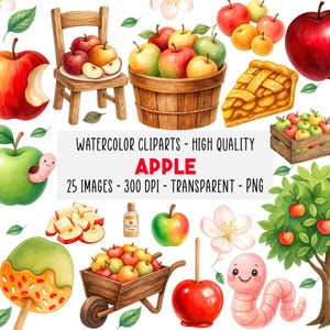 Pode incluir: Imagens de clipart em aquarela com maçãs, torta de maçã e uma minhoca. As imagens incluem uma pequena cadeira de madeira com maçãs, um barril de madeira cheio de maçãs e um carrinho de mão com maçãs. O texto na imagem diz "Watercolor Cliparts - High Quality Apple".