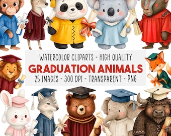 25 Graduation Animals Clipart PNG, Cute Watercolor Diploma Animal Characters, Jungle Woodland Kids School Designs, Instant Download