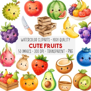 50 Akvarell Kawaii Frukt Clipart, Genomskinlig Sommarmat PNG