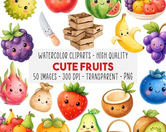 50 Cute Fruits PNG Clipart Bundle, Kawaii Fruit Illustrations, Watercolor Summer Fruits, Scrapbook Stickers, Kids Planner, Instant Download