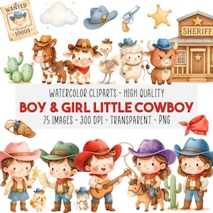 75 Carini Cowboy Acquerello Clipart Bundle, Baby Cowboy, Cowgirl PNG, Selvaggio West Rodeo Western Clipart, Compleanno, Instant Download