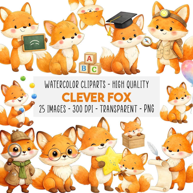 25 Clever Fox Clipart PNG Set, Watercolor Bookish Wise Fox, Graduation ...