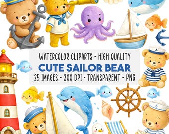 25 Cute Sailor Bear Clipart PNG, Nautical Teddy Bear, Nursery Baby Shower, Ocean Sea Animals, Watercolor Bear Set, Instant Download