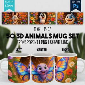 50 Designs 3D Animaux Mug, Sublimation Drôle Trou dans le Mur, Modèles 11oz & 15oz, Téléchargement Instantané (PNG, PDF)