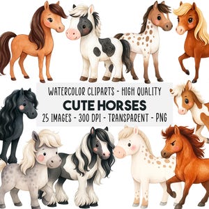 Può includere: Clipart ad acquerello di simpatici cavalli in vari colori e motivi. L'immagine include il testo che recita "Watercolor Cliparts - High Quality", "Cute Horses", "25 Images - 300 DPI - Transparent - PNG".
