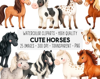 25 Cute Horse Watercolor Clipart Bundle PNG, Watercolor Ponies Foals, Farm Animals, Nursery Art, Printable, Commercial Use, Instant Download