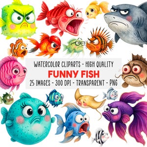 Peut inclure: Ensemble de cliparts aquarelle représentant des poissons de dessins animés aux visages expressifs. Le texte de l'image indique "WATERCOLOR CLIPARTS - HIGH QUALITY FUNNY FISH 25 IMAGES - 300 DPI - TRANSPARENT - PNG". Les poissons sont de couleurs variées.