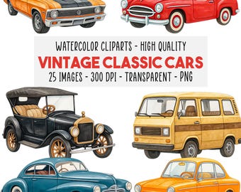 25 Vintage Classic Cars Watercolor Clipart Bundle, Retro & Classic Vehicle PNGs, 1950s-1970s Cars, Roadsters, Digital Instant Download