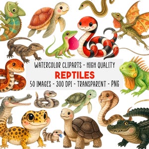 May include: Watercolor clipart set featuring various reptiles, including snakes, turtles, lizards, and a crocodile. The image includes the text "REPTILES" and "50 IMAGES - 300 DPI - TRANSPARENT - PNG".