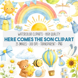 以下が含まれることがあります： ベビーをテーマにした水彩画クリップアートセット。画像には、虹、太陽、月、パステルカラーのさまざまな赤ちゃん関連のイラストが含まれています。「HERE COMES THE SON CLIPART」と書かれています。25枚の画像、300 DPI、透明PNG形式が含まれています。