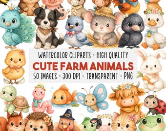 50 Cute Farm Animals PNG Bundle, Watercolor Farm Clipart Set, Cow, Pig, Duck, Horse, Bunny, Dog, Sheep, Instant Download, Barn Baby Animal