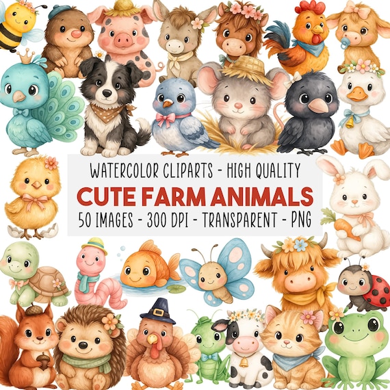50 Cute Farm Animals PNG Bundle, Watercolor Farm Clipart Set, Cow, Pig, Duck, Horse, Bunny, Dog, Sheep, Instant Download, Barn Baby Animal