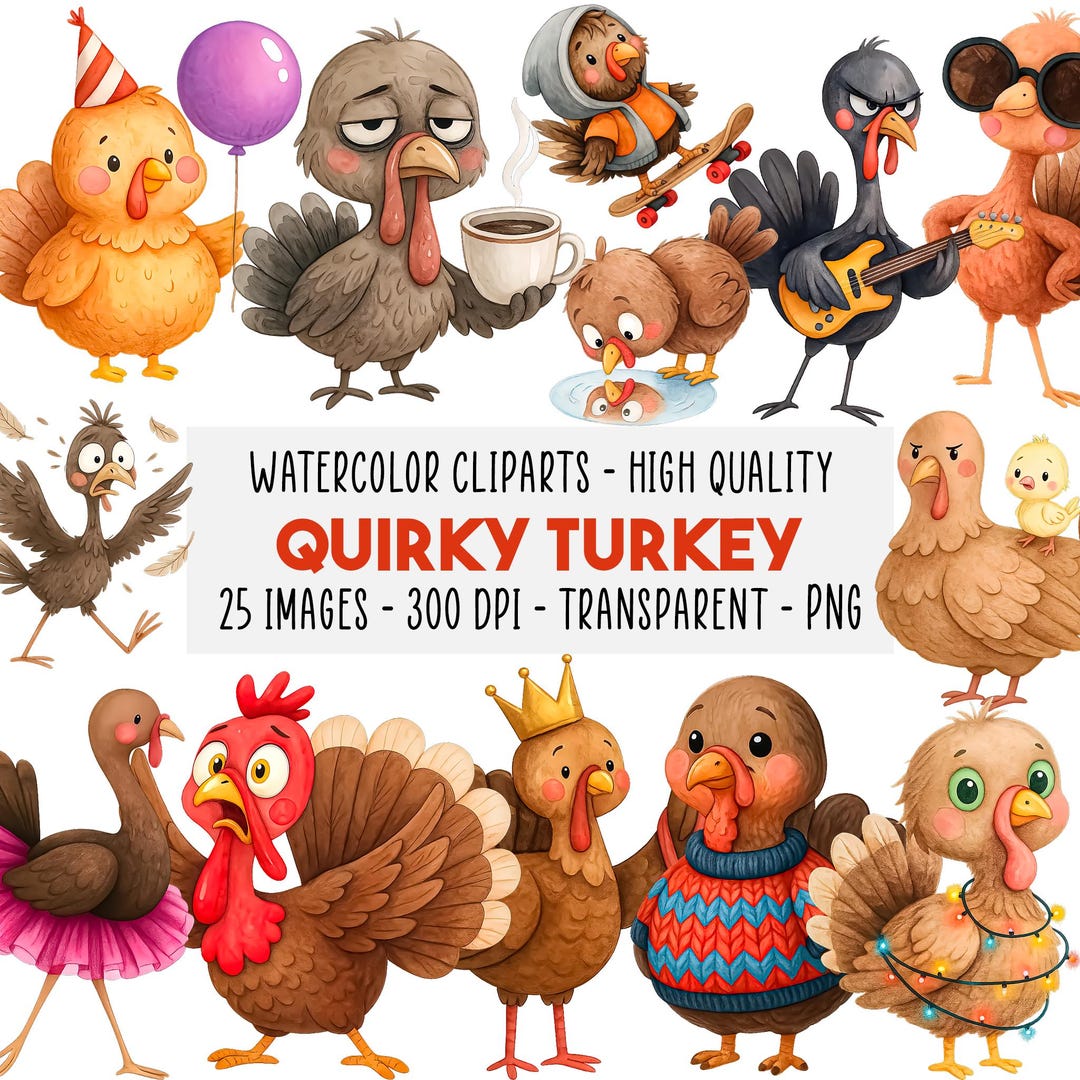 25 Turkey Clipart Set, Quirky Thanksgiving PNG, Funny Fall Autumn ...