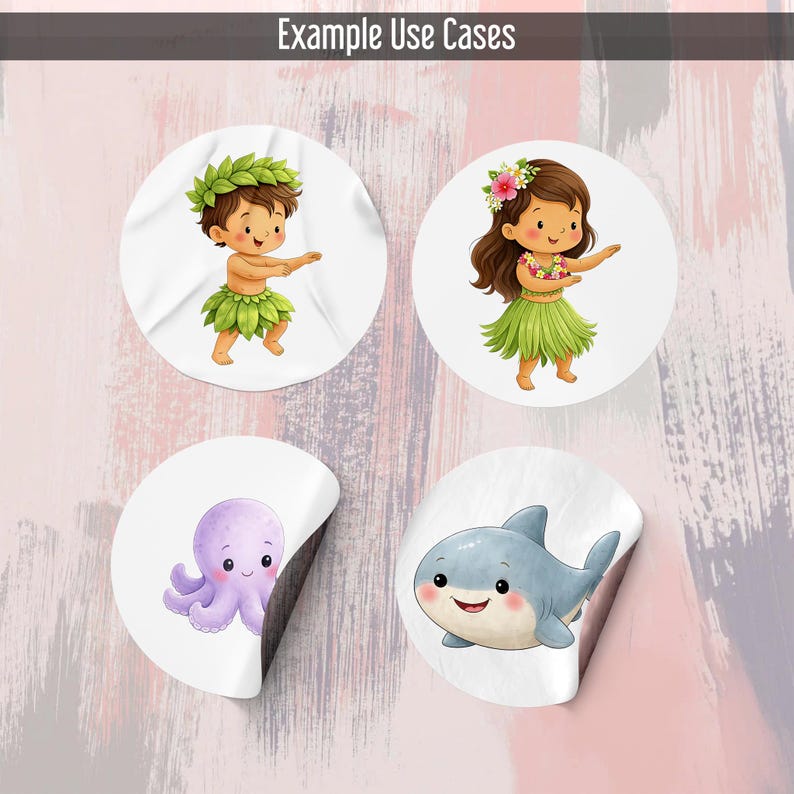 May include: Four round stickers with illustrations. One shows a cartoon boy in a leaf skirt and crown. Another depicts a girl in a grass skirt and flower crown. The other two stickers feature a purple octopus and a smiling cartoon shark. The text "Example Use Cases" is at the top.