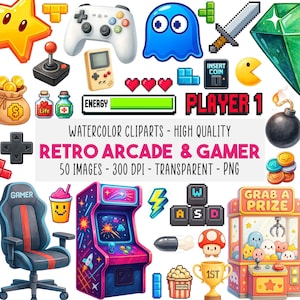May include: A set of watercolour clip art with retro arcade and gamer themes. Includes a joystick, game controller, Pac-Man, hearts, a game console, and an arcade machine. Text includes "Player 1" and "Grab a Prize".