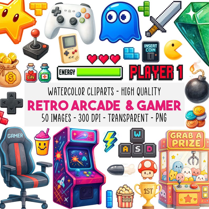May include: A set of watercolour clip art with retro arcade and gamer themes. Includes a joystick, game controller, Pac-Man, hearts, a game console, and an arcade machine. Text includes "Player 1" and "Grab a Prize".