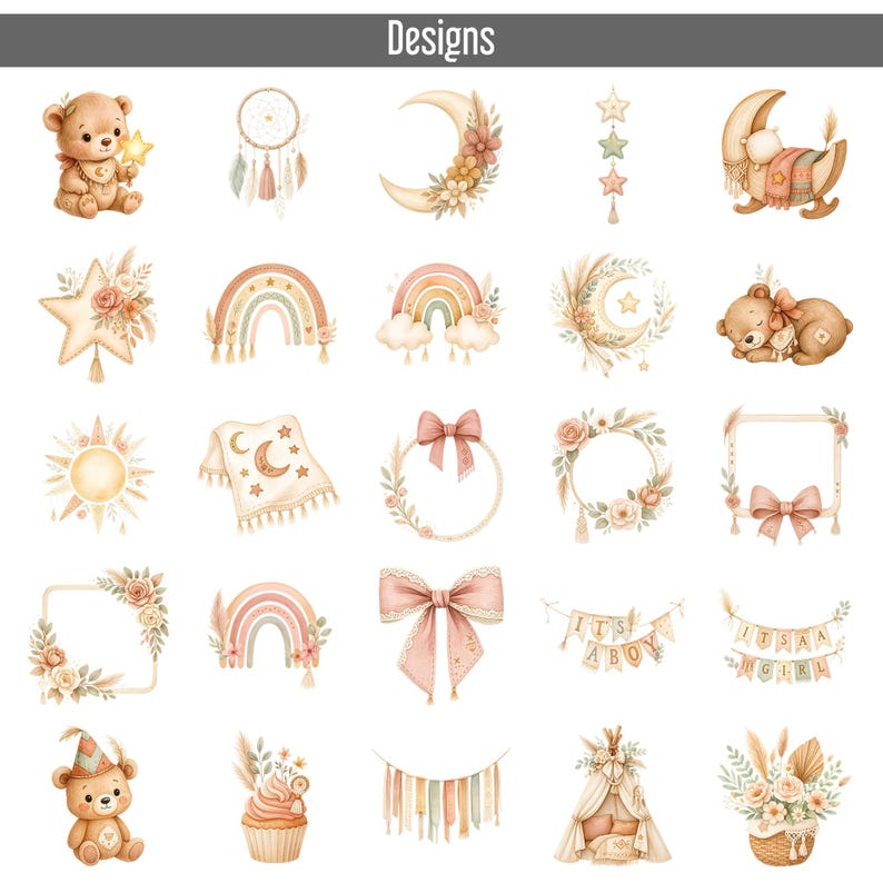 75 Boho Baby Shower Clipart Bundle, Watercolor Teddy Bear, Animals PNG ...