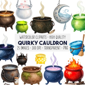 May include: Watercolor clipart set featuring various quirky cauldrons in different colors and designs. The image includes cauldrons with steam, some with hearts, and others with flames. The text on the image reads "QUIRKY CAULDRON".