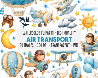 50 Lufttransport Aquarell Clipart Flugzeuge Hubschrauber Heißluftballons PNG Kinderzimmer Baby Junge Wandkunst Sofortiger Download