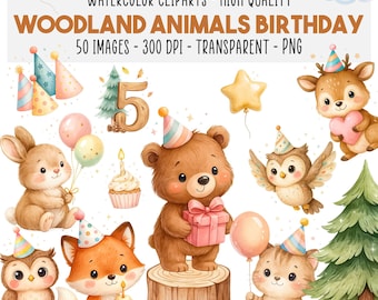 50 Waldtiere Geburtstag PNG Clipart, Süße Waldparty, Kinder Baby Shower Dekorationen, Waldtiere, Kuchen, Geschenke, Sofortiger Download