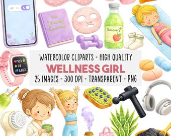 25 Wellness Girl Clipart PNG, Selbstpflege Fitness Achtsamkeit Bundle, Meditation Hautpflege Vitamine Gesunde Gewohnheiten, Sofort Download
