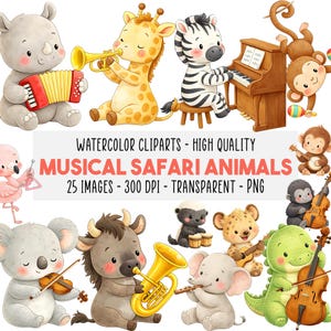 Può includere: Clipart ad acquerello con animali musicali della savana, tra cui un rinoceronte con una fisarmonica, una giraffa con una tromba e una zebra al pianoforte. Il testo recita "MUSICAL SAFARI ANIMALS".