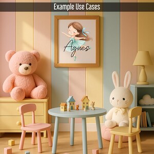 May include: A children's room scene with a framed illustration of a girl named Agnes in a ballet pose. A large pink teddy bear sits on a yellow dresser. A light blue table holds miniature houses and a bunny figurine. A white bunny and yellow chair are also present.