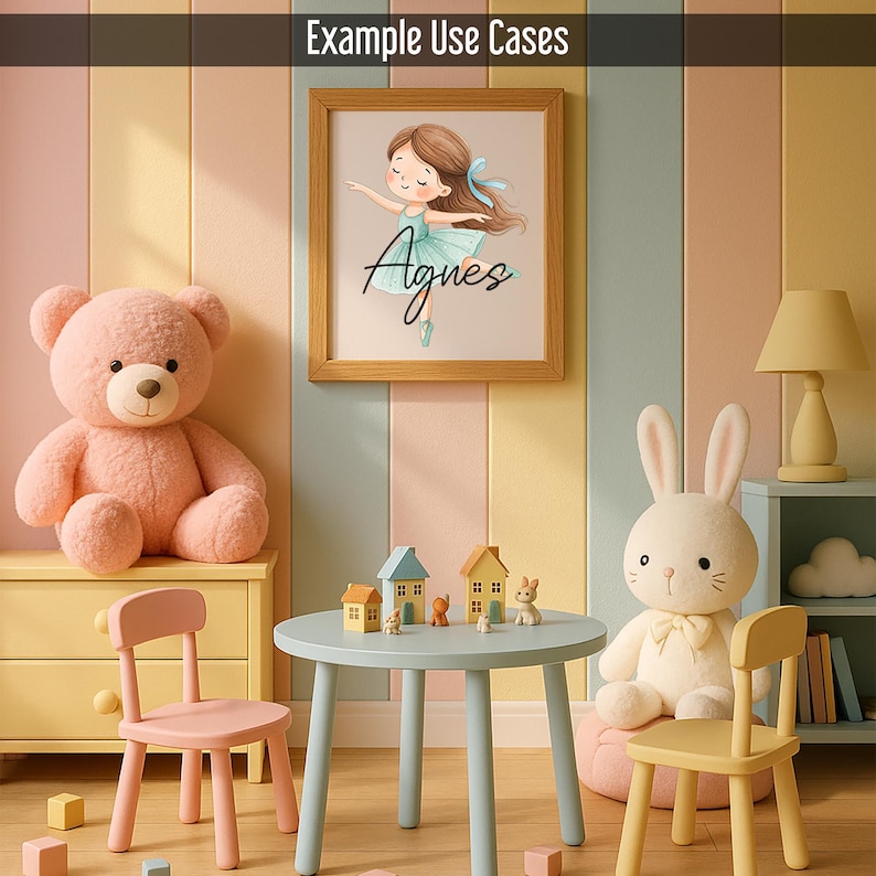 May include: A children's room scene with a framed illustration of a girl named Agnes in a ballet pose. A large pink teddy bear sits on a yellow dresser. A light blue table holds miniature houses and a bunny figurine. A white bunny and yellow chair are also present.