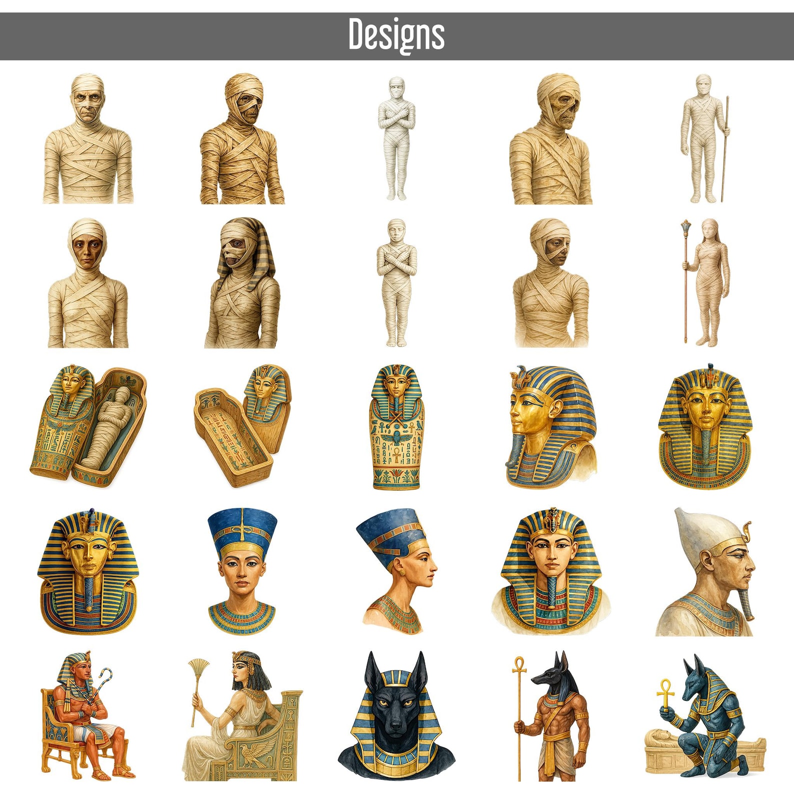 75 Watercolor Ancient Egypt Clipart Bundle, Pharaohs, Gods, Pyramids ...