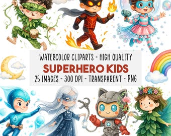 25 Superhero Kids Clipart Bundle PNG, Cute Watercolor Superheroes Boy & Girl, Nursery Birthday Baby Shower, Commercial Use, Instant Download