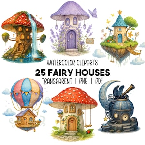 25 Fairy House Clipart Set, 3D Watercolor Fantasy Cottage PNG & PDF, High-Detail Printable Whimsical Houses for Junk Journal, Paper Crafts