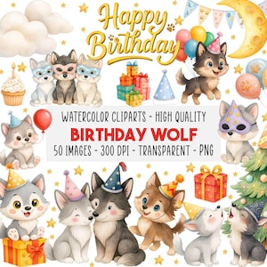 Pode incluir: Conjunto de cliparts em aquarela com lobos de desenho animado com chapéus de festa e balões. As palavras "Happy Birthday" estão em ouro. O texto "BIRTHDAY WOLF" está em vermelho. Inclui 50 imagens com fundos transparentes.
