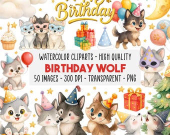 50 誕生日オオカミ 水彩 クリップアート PNG セット, 可愛い子オオカミのパーティーアニマル ケーキ, 風船, ギフト, 即時ダウンロード