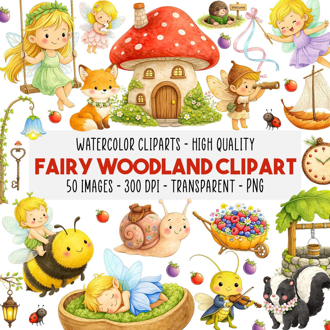 50 Fairy Woodland Clipart PNG Set, Enchanted Forest Fairies, Animals ...