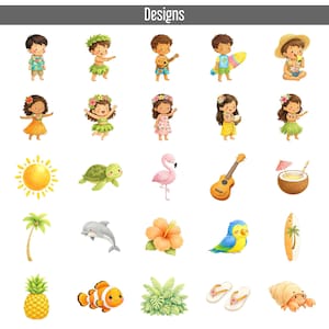 May include: A collection of watercolor illustrations featuring Hawaiian-themed designs. The designs include cartoon children, a sun, a turtle, a flamingo, a ukulele, a coconut drink, a palm tree, a dolphin, a hibiscus flower, a parrot, a surfboard, a pineapple, a clownfish, a plant, flip-flops, and a hermit crab.