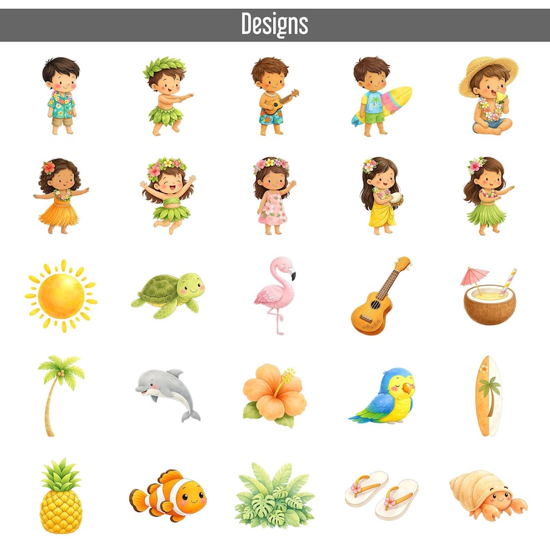 May include: A collection of watercolor illustrations featuring Hawaiian-themed designs. The designs include cartoon children, a sun, a turtle, a flamingo, a ukulele, a coconut drink, a palm tree, a dolphin, a hibiscus flower, a parrot, a surfboard, a pineapple, a clownfish, a plant, flip-flops, and a hermit crab.