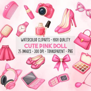 Puede incluir: Colección de imágenes prediseñadas de acuarela rosa, que incluyen una cámara, tacones altos, un bolso y un portátil. El texto dice: "WATERCOLOR CLIPARTS - HIGH QUALITY CUTE PINK DOLL 25 IMAGES - 300 DPI - TRANSPARENT - PNG."