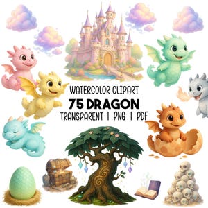 Lot de 75 Cliparts de Dragons Aquarelle, PNG, PDF, Dragons Fantastiques, Œufs Châteaux pour Décoration de Chambre d’Enfant Fêtes Invitations