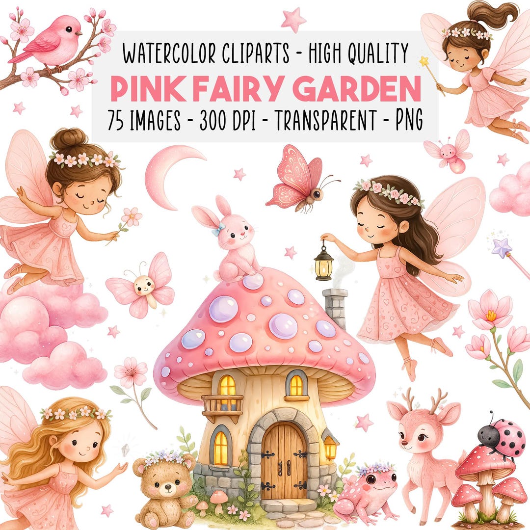 75 Watercolor Fairy Garden Clipart Bundle PNG, Pink Fairies, Magical ...